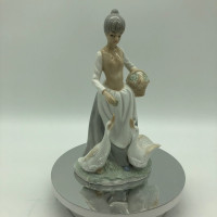 Vintage Porcelain Figurine Girl with Flowers Feeding Geese