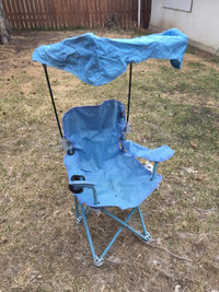 Kid's Blue Folding Camping Chair With Cupholder and Canopy.\