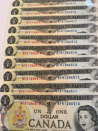 1973 10 UNC Consecutive Serial Numbers Canada $1 Banknotes