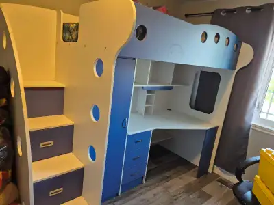 Kids loft bed with desk and storage, View more