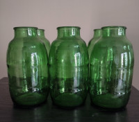 VINTAGE GREEN GLASS BARREL SHAPED MALT BEER BOTTLES