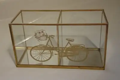 Vintage Glass, Brass & Mirror Keepsake Display Rectangle Jewellery Organizer Box with Golden Bike Mo...