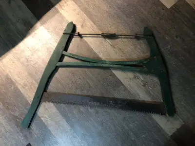 Available for sale is a vintage green crosscut/bow/ buck saw $50.00 Approx measurements: 27” blade -...