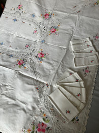 Vintage beautiful white embroidered tablecloth