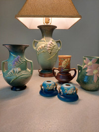 COLLECTION of Vintage ROSEVILLE Lamp, Vases, Candlestick holders