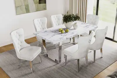 Beautiful 7 PC White & Grey Marble Dining Table Sets, View more