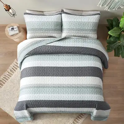 New 3 PC Boho Mint Green & Grey Reversible Quilt Set • QUEEN $65, View more