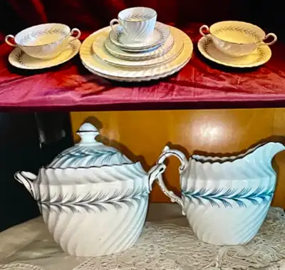 Cream and sugar combo - $90 2 footed soup bowls with saucers - $30 each set 1 teacup and saucer - $2...