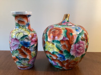 Vintage Hand Painted Asian Floral Ceramic Candy Jar and Vase