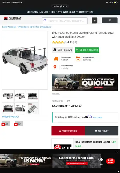 BAKFLIP F1 Trifold Hard Tonneau Cover with rail mounted racks capable of carrying 400 lbs. BAKFLIP F...