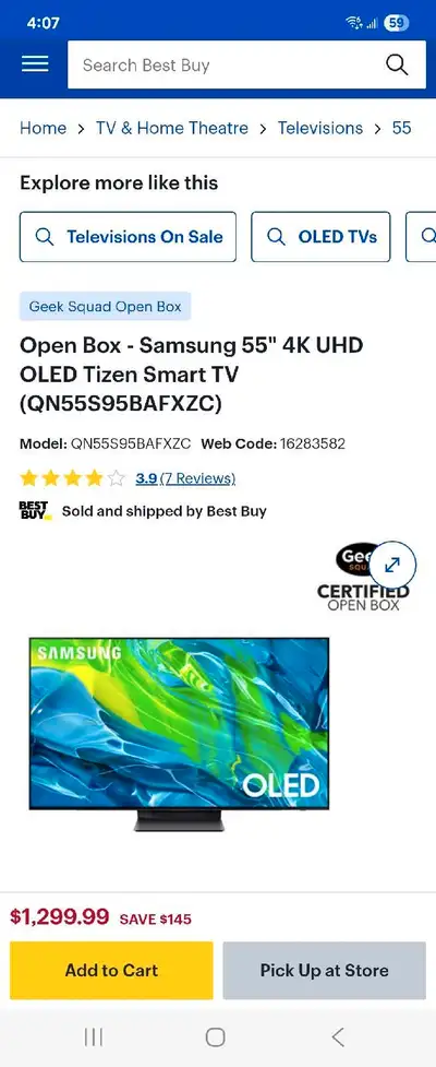 Samsung QN55S95CAFXZC 55-Inch 4K OLED smart TV Bluetooth, View more