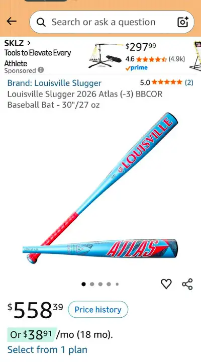Louisville Slugger 2026 Atlas BBOR Baseball Bat, View more