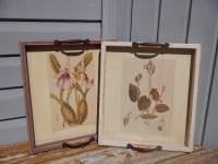 Set of Rustic Wooden Serving Trays with Flower Prints