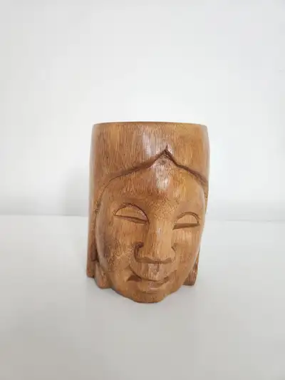 Vintage Hand Carved Wooden Mug Depicting Tiki "Welcoming Lady", View more