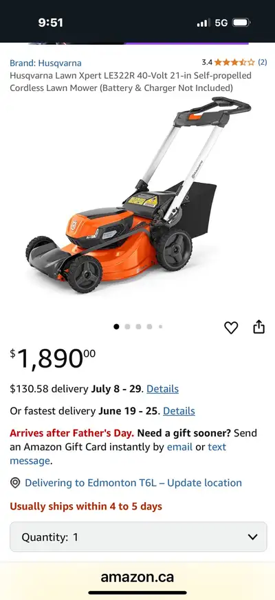 Husqvarna Cordless Lawn Mower 21”. 40volt battery, View more