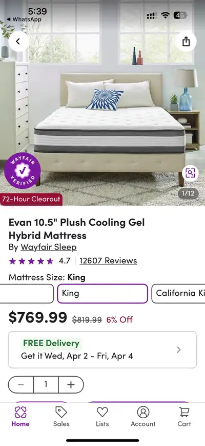 WAYFAIR SLEEP 10.5" KING GEL HYBRID MATTRESS, View more