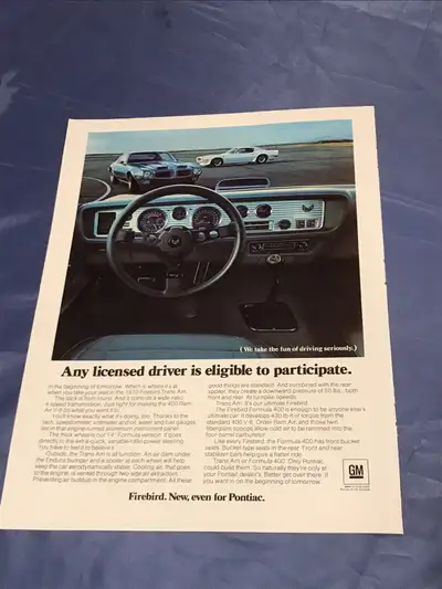 1970 Pontiac Firebird Trans Am, Formula 400 Original Ad Size: 8" X 11"