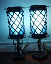 mid century BOUDOIR LAMPS bright blue ribbed BLACK OVERLAY