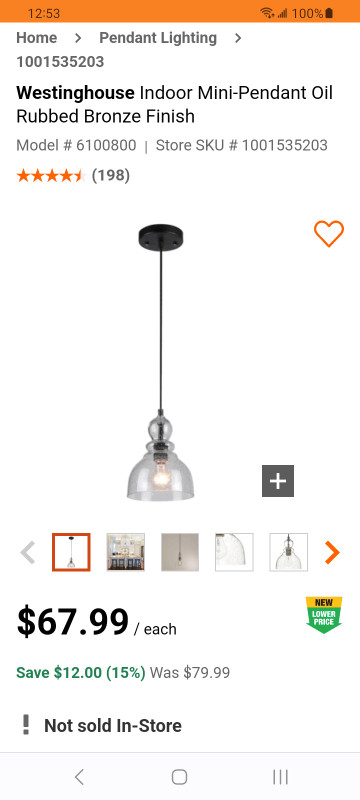 Westinghouse 1 light adjustable mini pendant.  New in box. in Indoor Lighting & Fans in City of Halifax