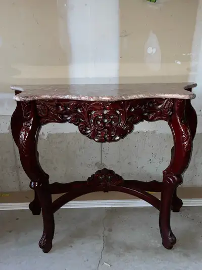 Ornate Carved Wood Console Table with Marble Top, View more