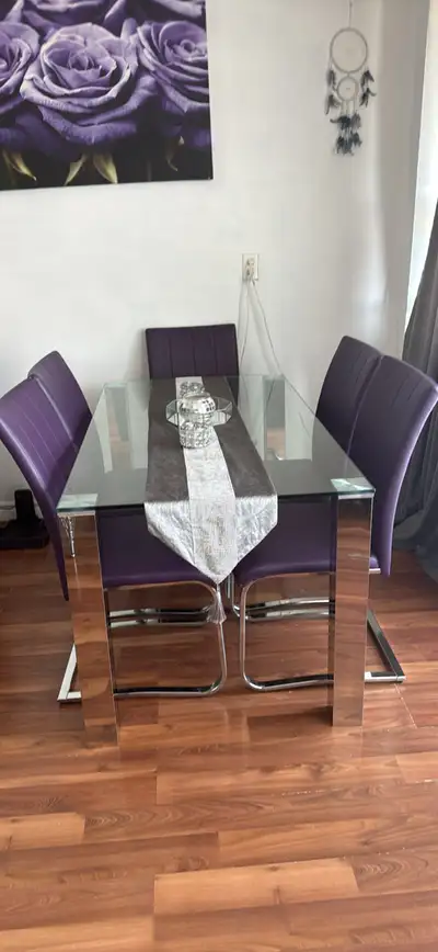 Glass Dining Table with 5 Purple Chairs, View more