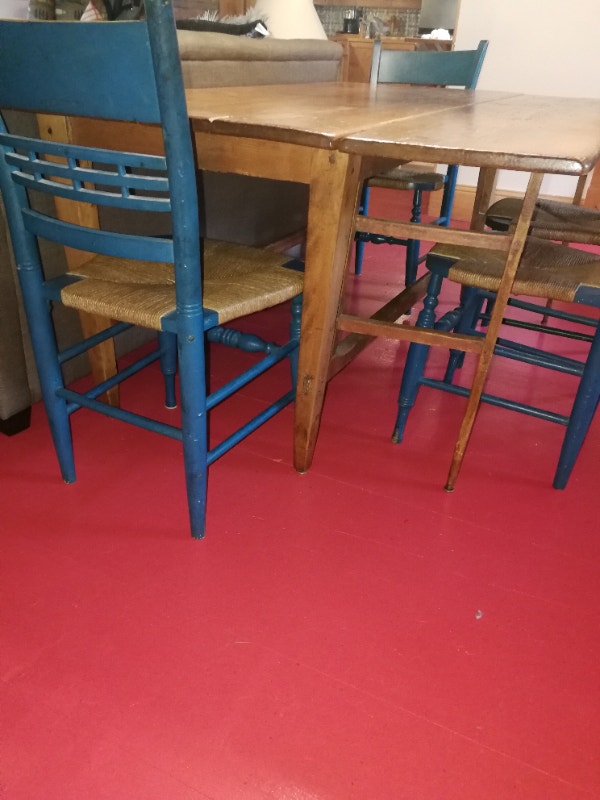 Antique pine table circa 1840 and 6 original blue painted chairs
