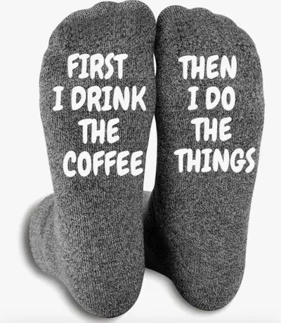 Fun socks. “First I drink the coffee, then I do the things”, new, View more