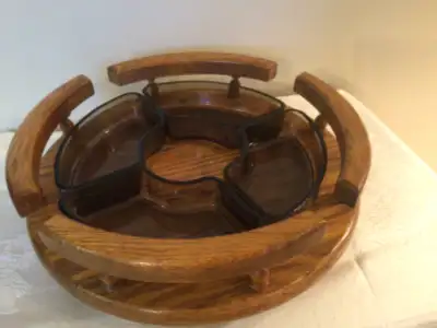 VTG. Handcrafted Wood Lazy Susan Revolves on bearings gliding easily With individual servers 12” acr...