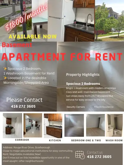 Basement Apartment for Rent Morningside/Sheppard $1800/month