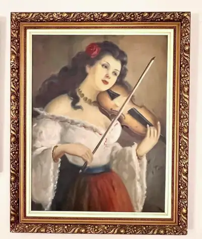 large Hungarian oil painting of violinist, View more