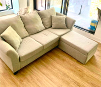 Grey 3-seater couch + ottoman with storage