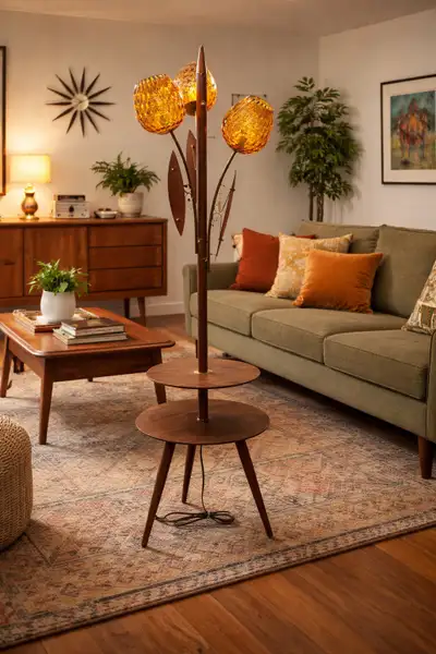  Vintage Mid-Century Modern teak and walnut Floor Lamp, View more