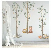 NEW Woodland Watercolor Wall Tree Decals Fabric Animals 90”x 90”