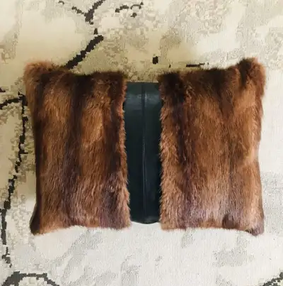 Red Mink Fur and Black Leather Decorative Accent Pillow, View more