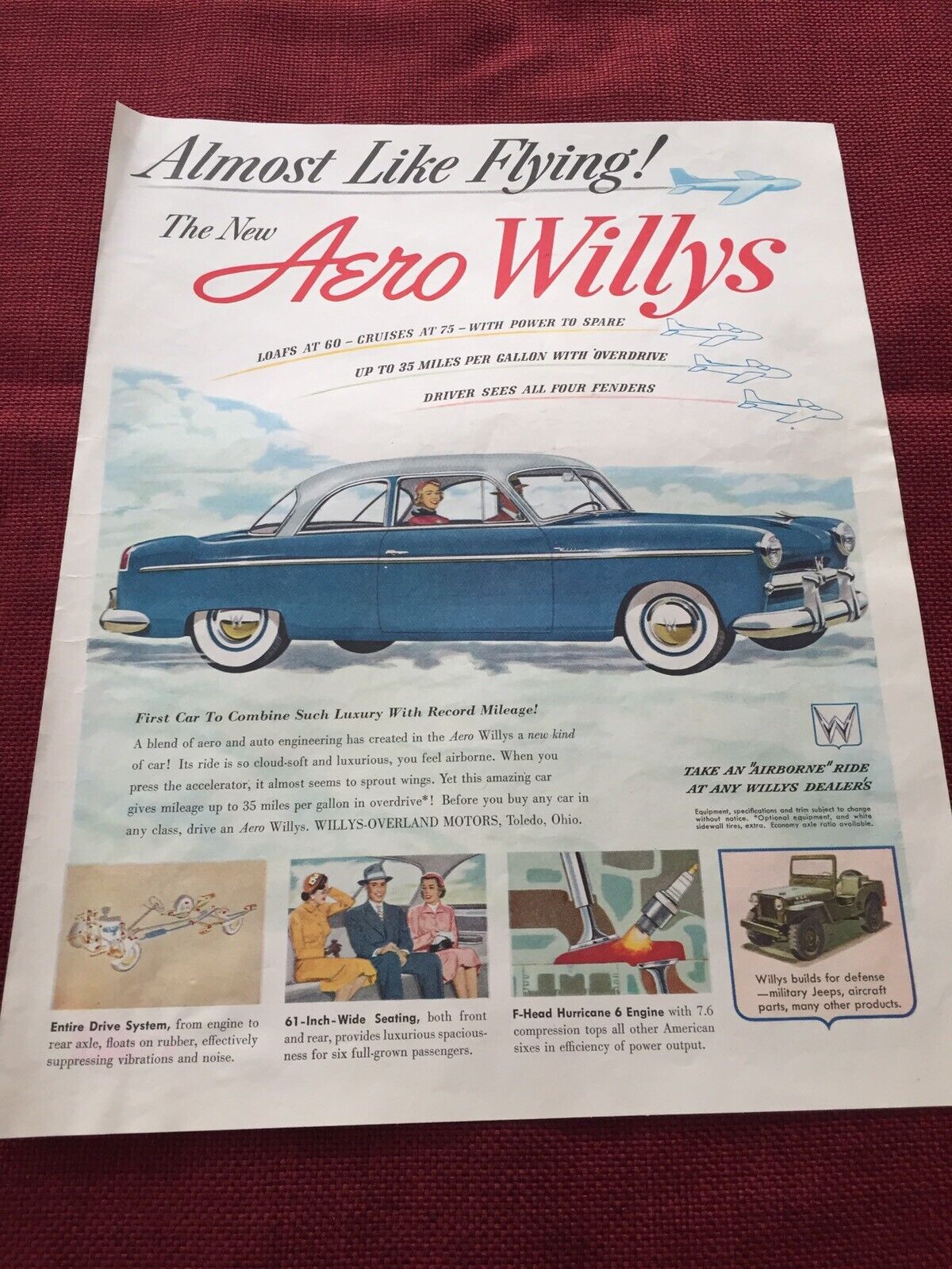 1952 Aero Willy’s w/Army Jeep Original Magazine Ad, photo 1