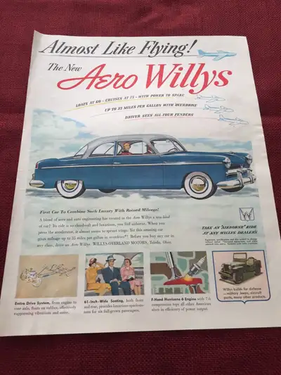 “Almost like flying.”Lower right photo reads “Willys builds for defense-military Jeeps, aircraft par...