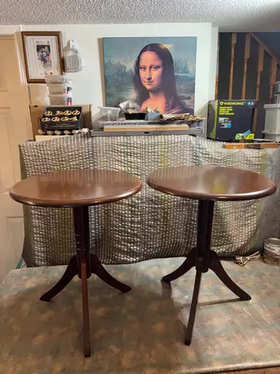 Pair of Round Solid Wood End/Side Tables with a Classic Tripo, View more