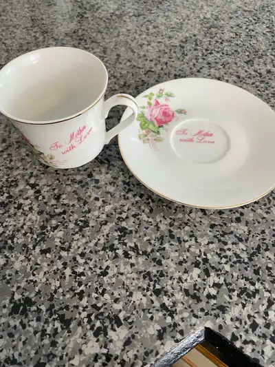 vintage tea cup and saucer “to mom with love”, View more
