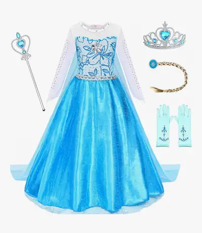 Beautiful Elsa-inspired costume. Features long sleeves, sparkly bodice, and flowing blue skirt. Set...