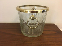Vintage glass chrome copper ETCHED GLASS dual handle ICE BUCKET!
