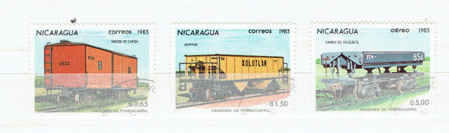 NICARAGUA. Set de 3 timbres oblitérés "Voiture de train", 1983 dans Art et objets de collection  à Ville de Montréal