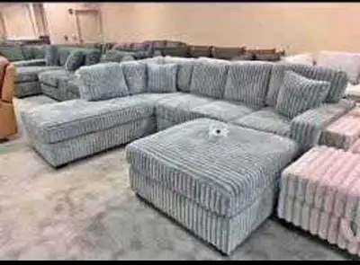 Brand New Grey Corduroy Sectional with Ottoman, View more