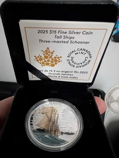 I'm offering a 2025 $15 Fine Silver Coin from the Royal Canadian Mint, featuring a 'Tall Ships - Thr...
