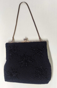 Vintage 1960s Hand Beaded Black Evening Bag