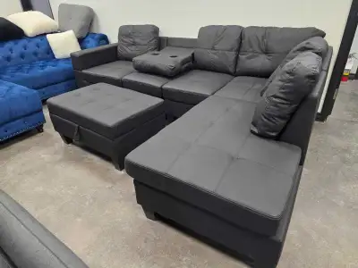 Black Faux Leather Sectional with Console & Ottoman, View more
