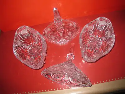 3 x Footed Pinwheel Lead Crystal Hand Cut Candy Dish with Lid, View more