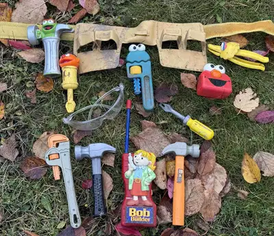 Vintage Sesame Street tool belt toy set, with additional tools and Bob the Builder walkie-talkie (pr...