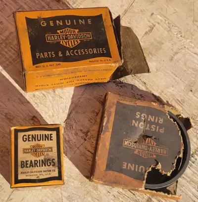 Antique Harley Davidson Panhead motorcycle new old stock parts lot still in thier original boxes. Gr...