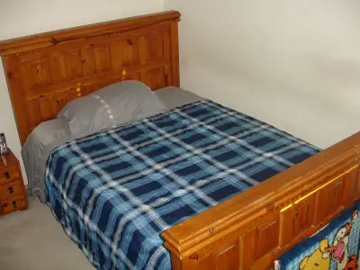 SOLID PINE WOOD FINISH DOUBLE SIZE BED WITH END TABLE & CABNET!, View more