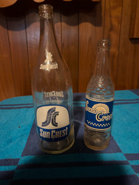 SUN CREST POP/SODA BOTTLES, PAIR, PYROGLAZED LABEL. MINT.